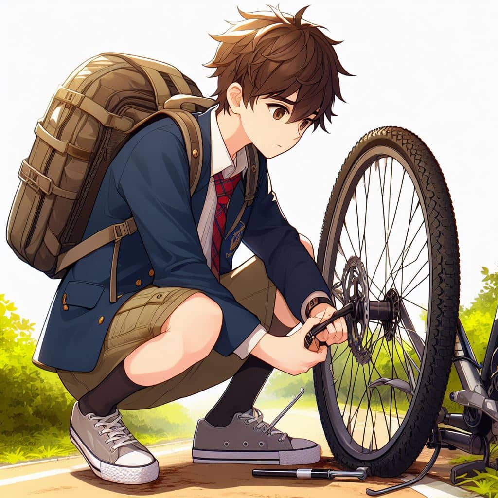 a cartoon anime fixing a flat tire